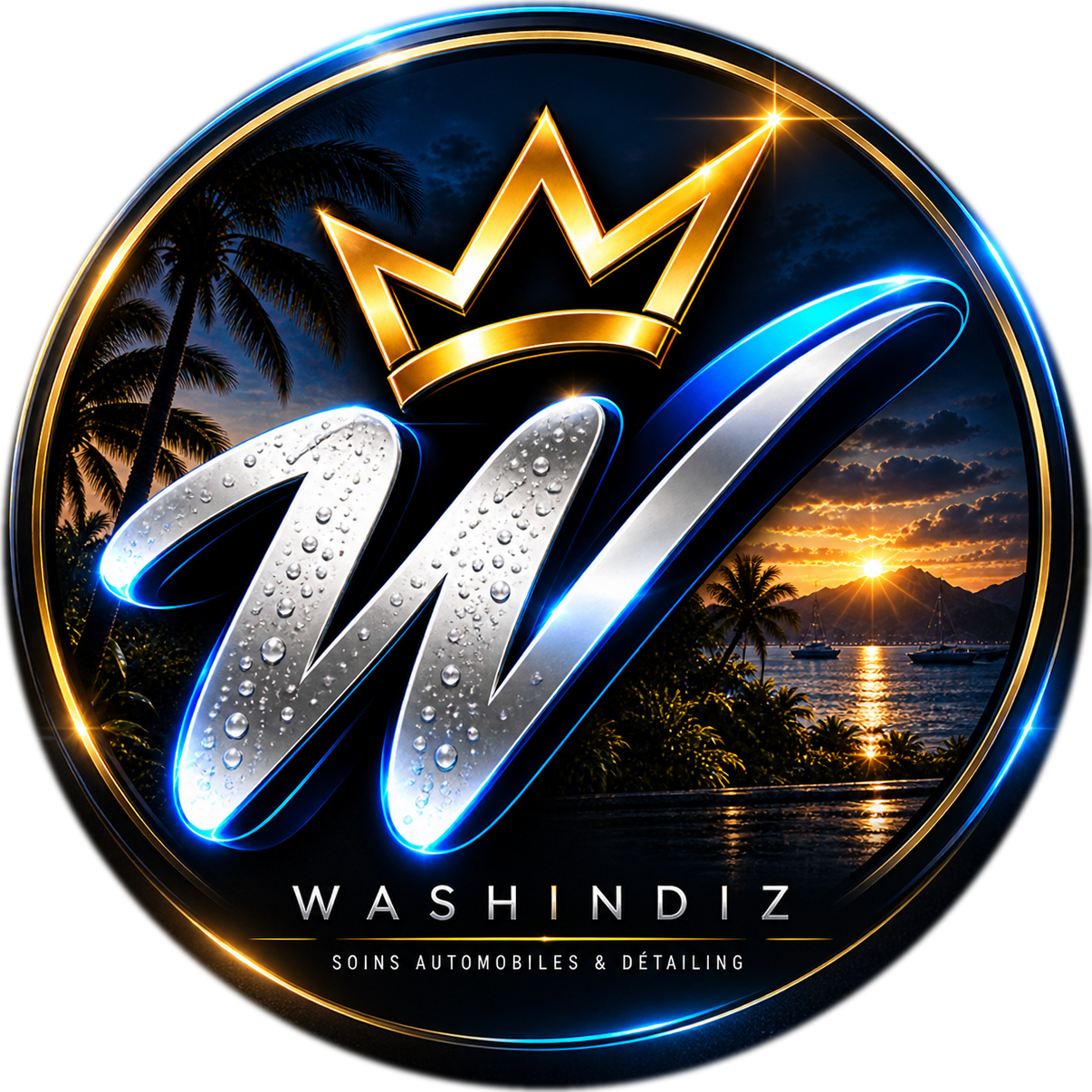 Emblème WASHINDIZ : monogramme W chromé couronné d'or, devant une baie tropicale au coucher du soleil